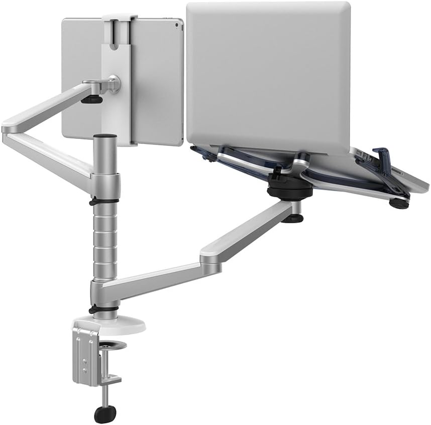 ® Adjustable Aluminium Universal Laptop Notebook & Tablet Stand Desk Mount Bracket Clamp Tilt Swivel Dual Arm Support Holder (Laptop & Tablet)