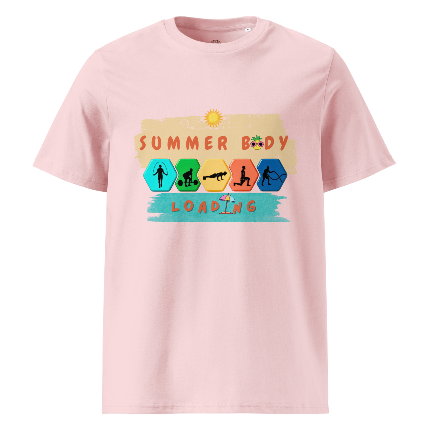 Pink t-shirt with 'Summer Body Loading' graphic design on a white background