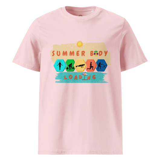 Pink t-shirt with 'Summer Body Loading' graphic design on a white background