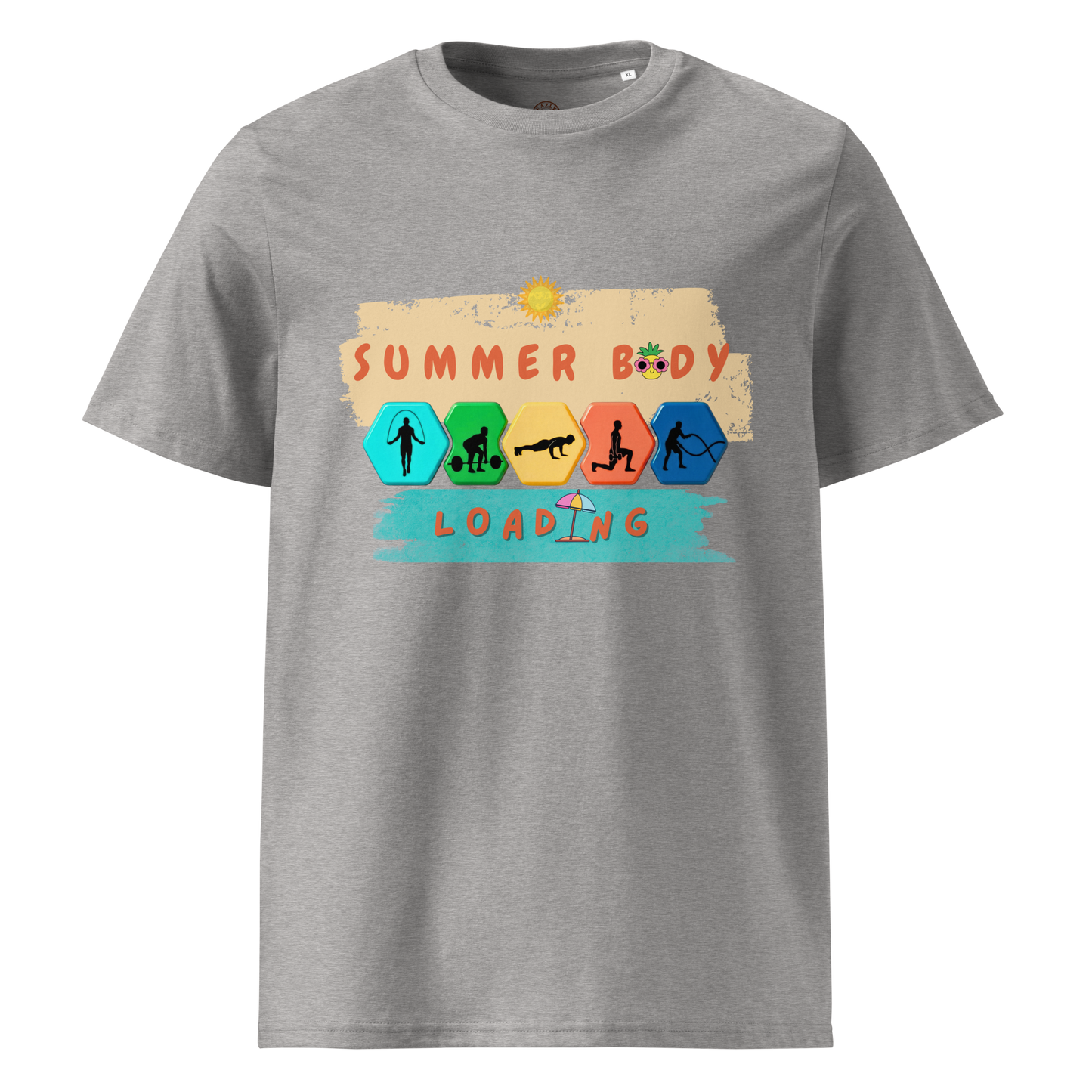 Gray t-shirt with 'Summer Body Loading' graphic design on a white background