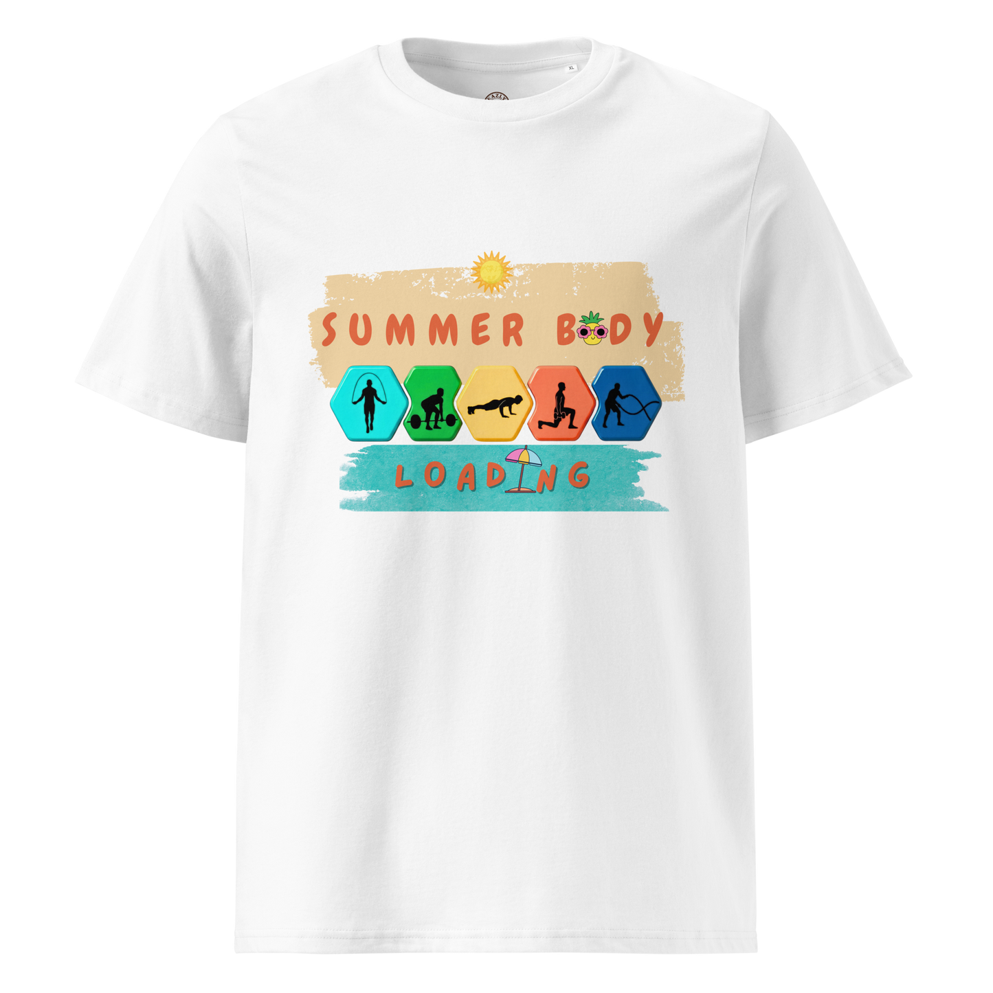 White t-shirt with 'Summer Body Loading' graphic design on a white background