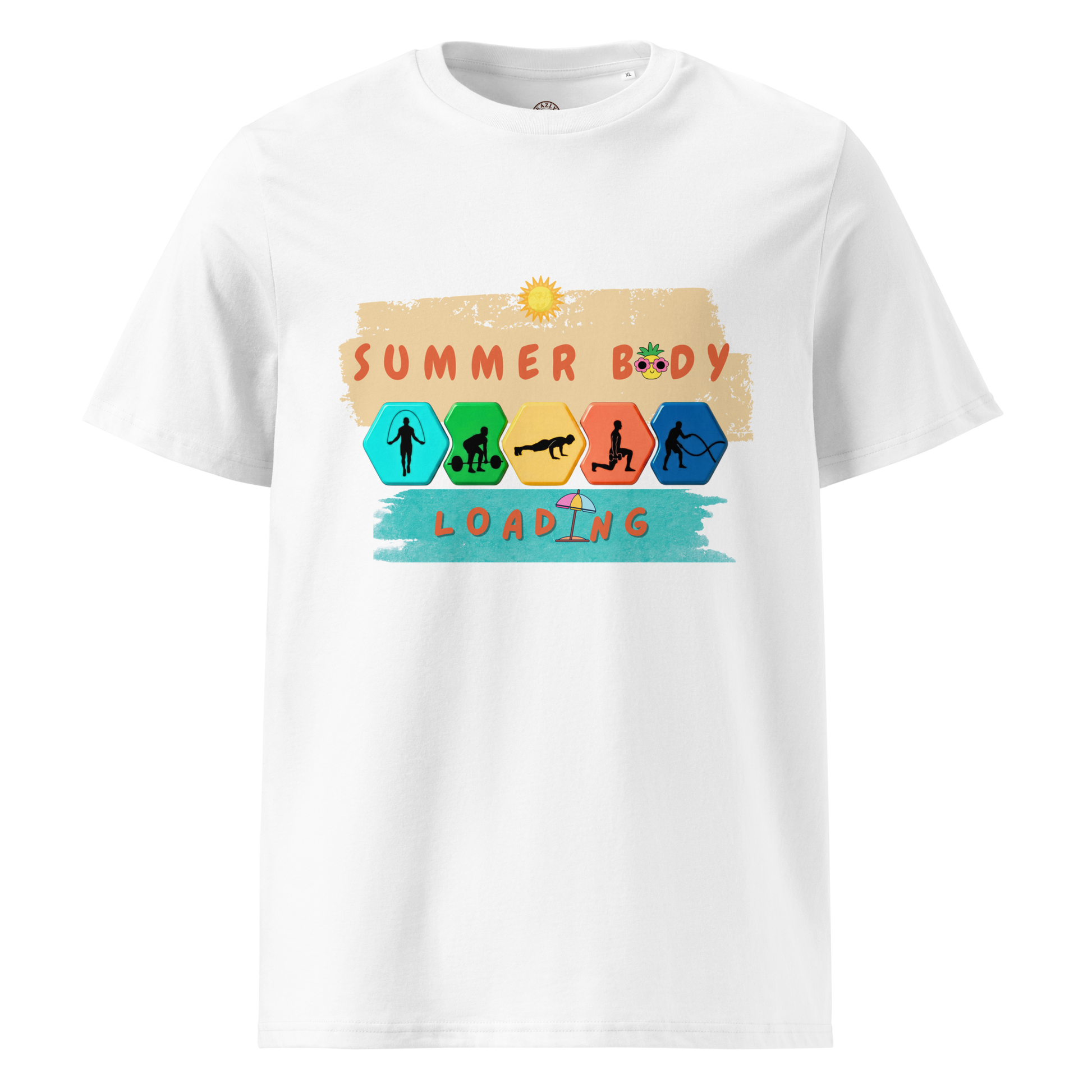 White t-shirt with 'Summer Body Loading' graphic design on a white background